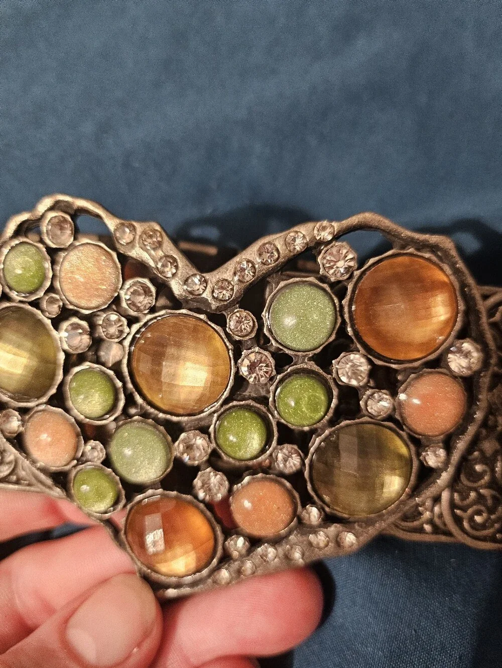Vintage 80's Pewter Tone Emboss Stretch Fishscale Belt Jewel Buckle Boho